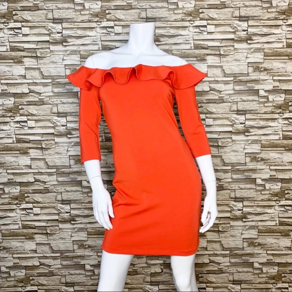 Red Off Shoulder Ruffle Bodycon Dress - Picture 1 of 6